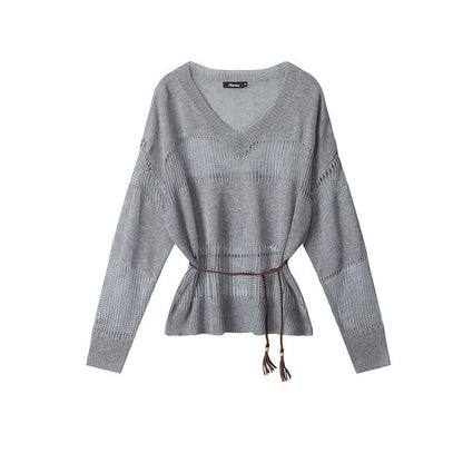 Belted V-Neck Sweatshirt with Sheer Panels