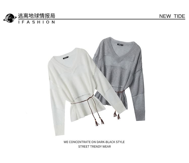 Belted V-Neck Sweatshirt with Sheer Panels