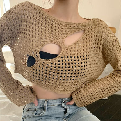 Pointelle Crop Knit Top with Round Neck