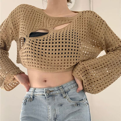 Pointelle Crop Knit Top with Round Neck
