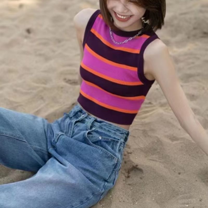 Striped Crop Knit Top with Round Neck
