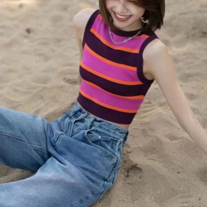 Striped Crop Knit Top with Round Neck