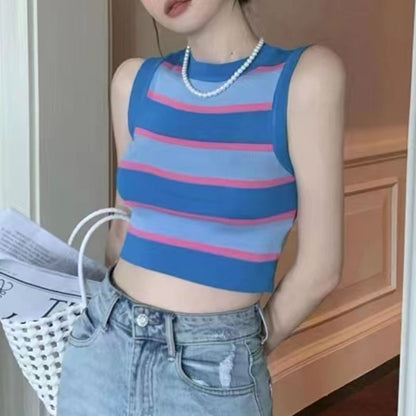 Striped Crop Knit Top with Round Neck