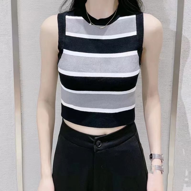 Striped Crop Knit Top with Round Neck