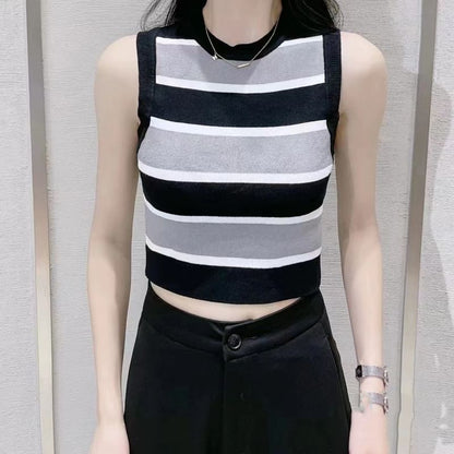 Striped Crop Knit Top with Round Neck