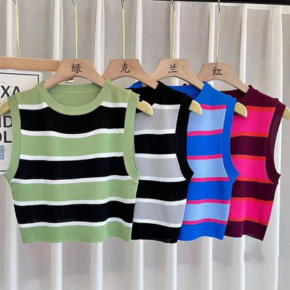 Striped Crop Knit Top with Round Neck