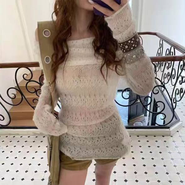 Pointelle Off-Shoulder Sweater