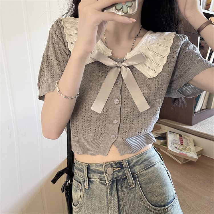 Two-Tone Collared Short-Sleeve Knit Button-Up