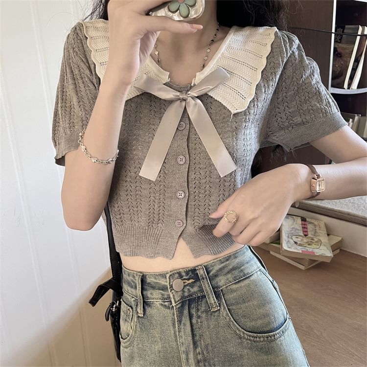 Two-Tone Collared Short-Sleeve Knit Button-Up