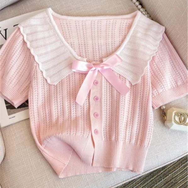 Two-Tone Collared Short-Sleeve Knit Button-Up