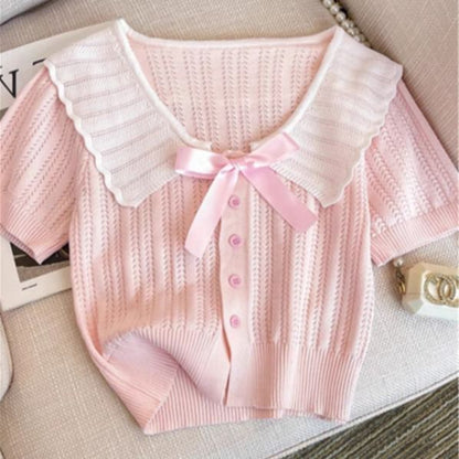 Two-Tone Collared Short-Sleeve Knit Button-Up