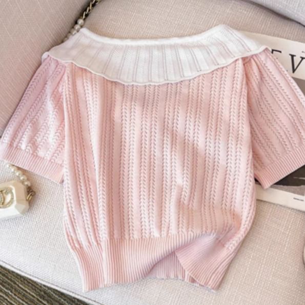 Two-Tone Collared Short-Sleeve Knit Button-Up