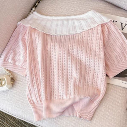 Two-Tone Collared Short-Sleeve Knit Button-Up
