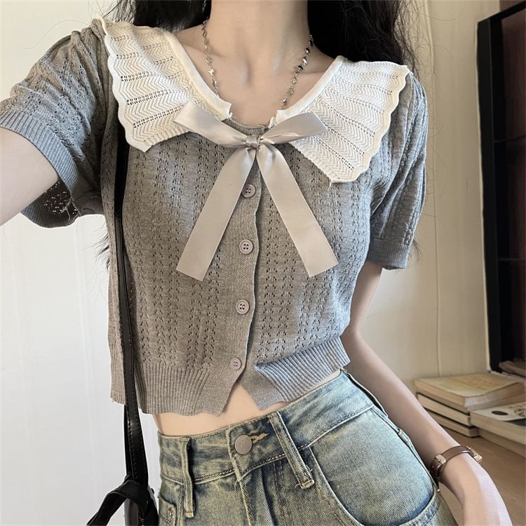 Two-Tone Collared Short-Sleeve Knit Button-Up