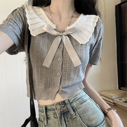 Two-Tone Collared Short-Sleeve Knit Button-Up