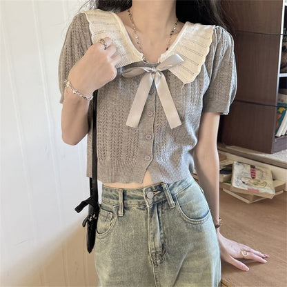 Two-Tone Collared Short-Sleeve Knit Button-Up