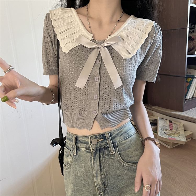 Two-Tone Collared Short-Sleeve Knit Button-Up