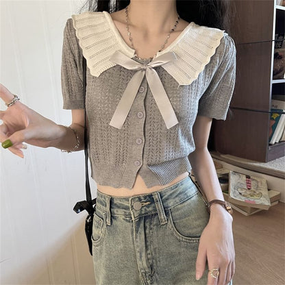 Two-Tone Collared Short-Sleeve Knit Button-Up