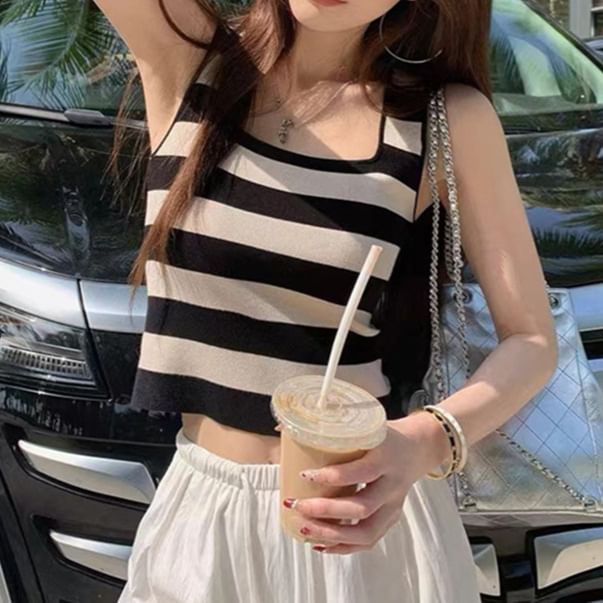 Striped Square Neck Crop Knit Top