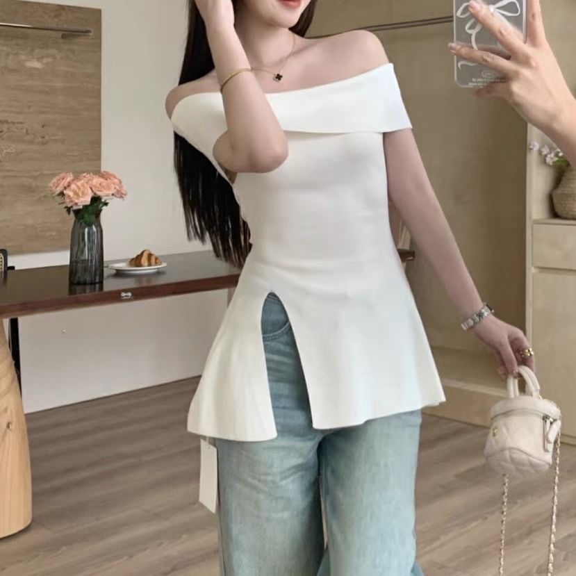 Off-Shoulder Slit Tunic with Short Sleeves