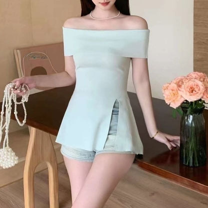 Off-Shoulder Slit Tunic with Short Sleeves