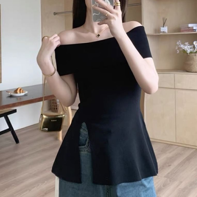 Off-Shoulder Slit Tunic with Short Sleeves