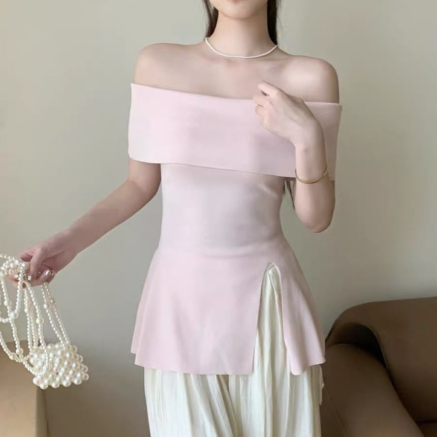 Off-Shoulder Slit Tunic with Short Sleeves