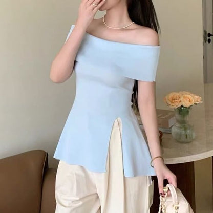 Off-Shoulder Slit Tunic with Short Sleeves