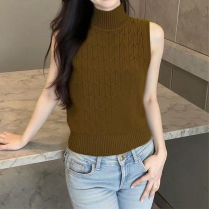 Cable Knit Sleeveless Turtleneck Top