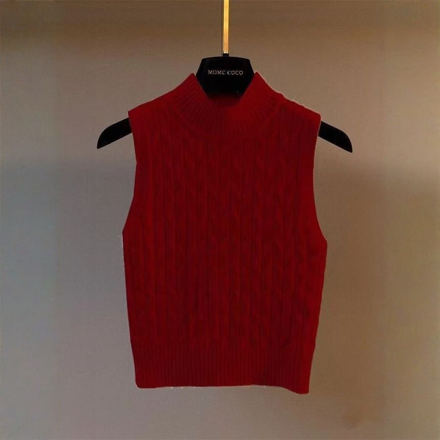 Cable Knit Sleeveless Turtleneck Top
