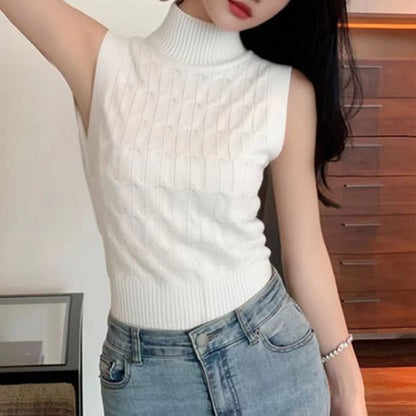 Cable Knit Sleeveless Turtleneck Top