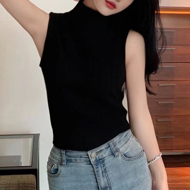 Cable Knit Sleeveless Turtleneck Top