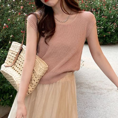 Short Sleeve Crew Neck Striped Knit Blouse
