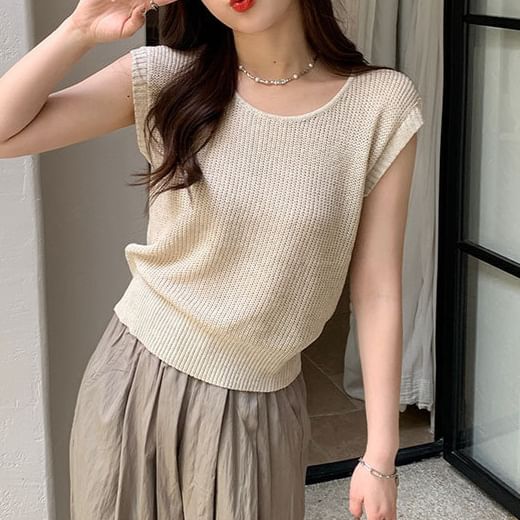 Short Sleeve Crew Neck Striped Knit Blouse