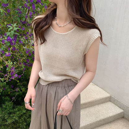 Short Sleeve Crew Neck Striped Knit Blouse