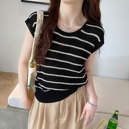 Short Sleeve Crew Neck Striped Knit Blouse