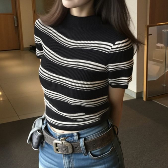 Striped Mock Neck Short-Sleeve Knit Top