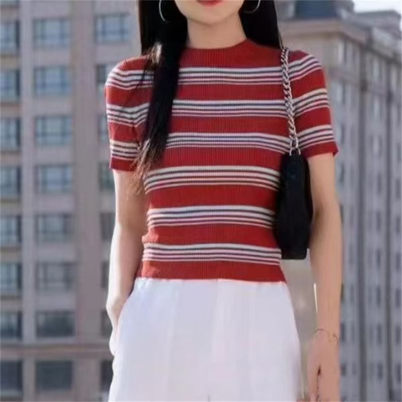 Striped Mock Neck Short-Sleeve Knit Top