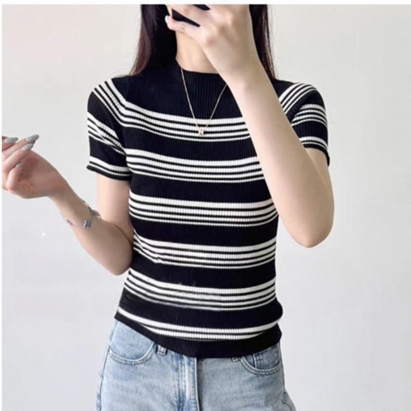 Striped Mock Neck Short-Sleeve Knit Top