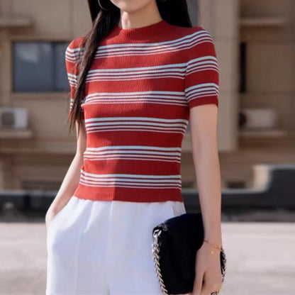 Striped Mock Neck Short-Sleeve Knit Top
