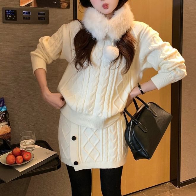 Set: Faux Fur Collar Pompom Cable Knit Sweater + High Waist Button Mini Pencil Skirt