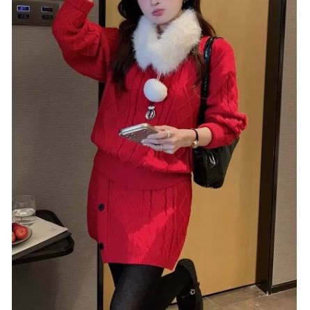 Set: Faux Fur Collar Pompom Cable Knit Sweater + High Waist Button Mini Pencil Skirt