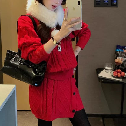Set: Faux Fur Collar Pompom Cable Knit Sweater + High Waist Button Mini Pencil Skirt