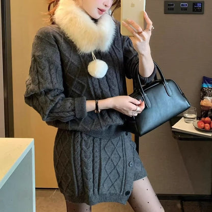 Set: Faux Fur Collar Pompom Cable Knit Sweater + High Waist Button Mini Pencil Skirt