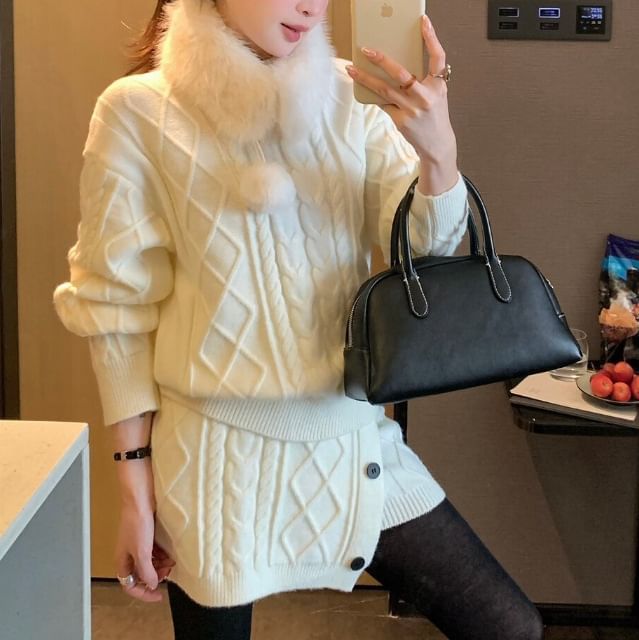 Set: Faux Fur Collar Pompom Cable Knit Sweater + High Waist Button Mini Pencil Skirt