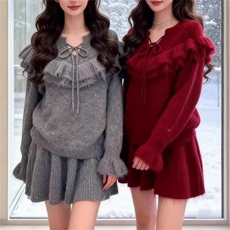 Set: Tie Neck Solid Ruffle Sweater + High Waist Knit Mini A-Line Skirt