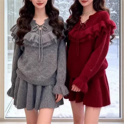 Set: Tie Neck Solid Ruffle Sweater + High Waist Knit Mini A-Line Skirt