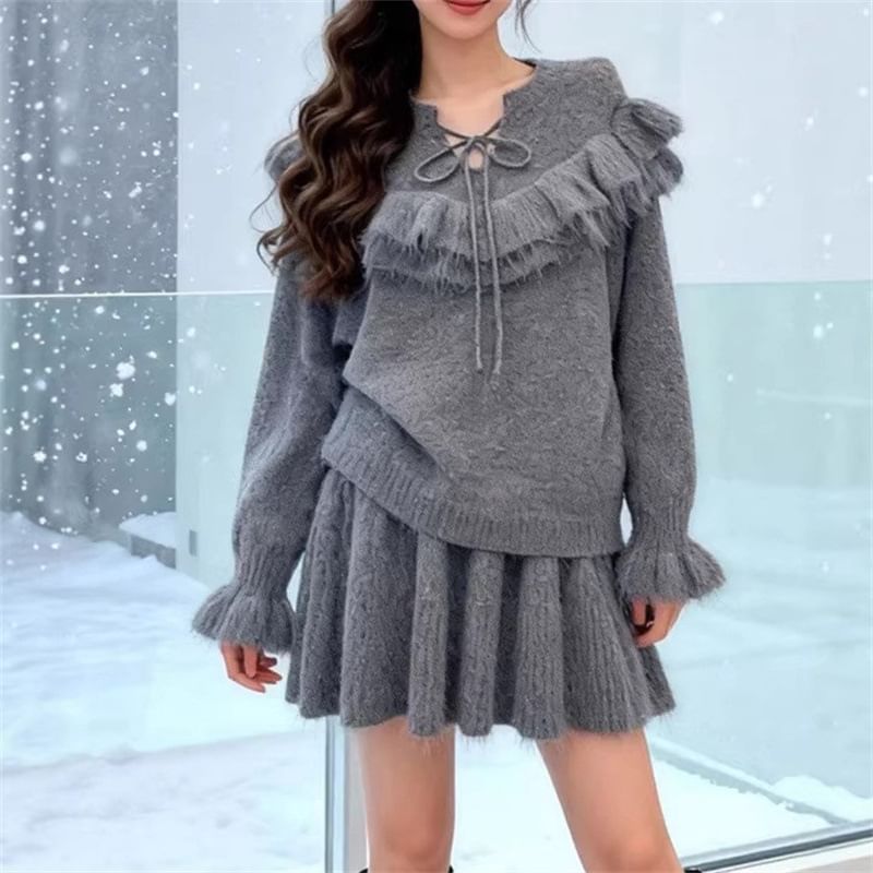 Set: Tie Neck Solid Ruffle Sweater + High Waist Knit Mini A-Line Skirt