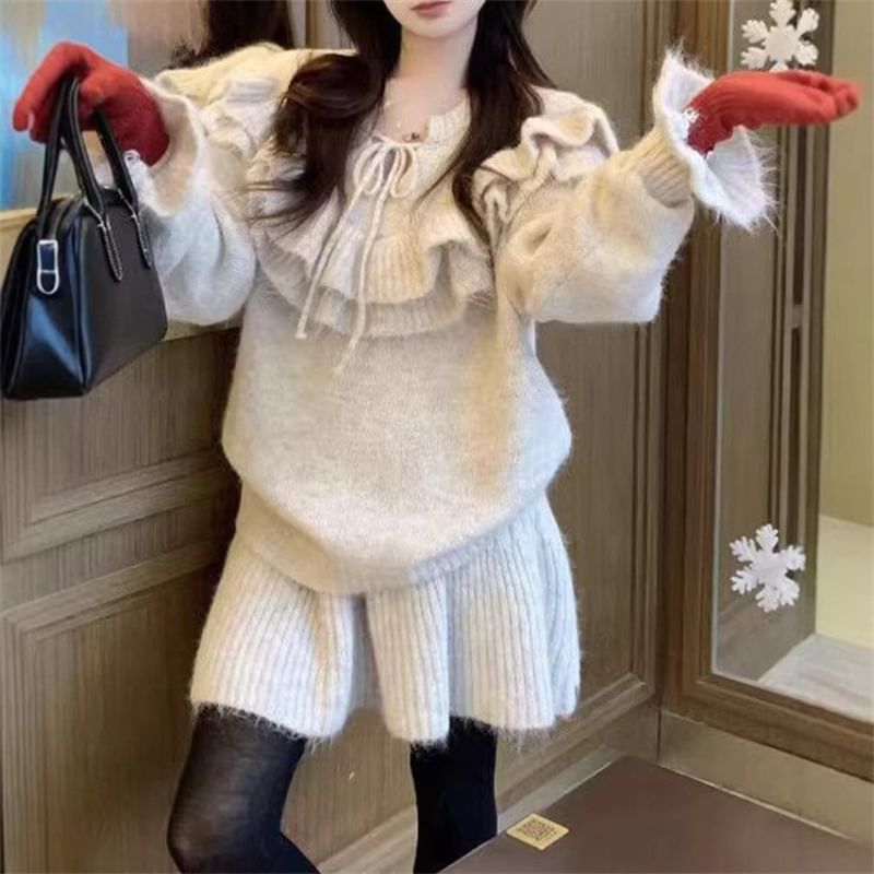 Set: Tie Neck Solid Ruffle Sweater + High Waist Knit Mini A-Line Skirt