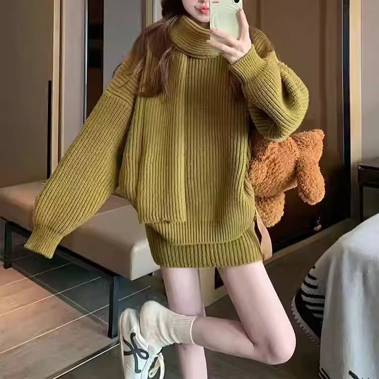 Set: Round Neck Solid Ribbed Sweater + High Waist Knit Mini Pencil Skirt + Scarf